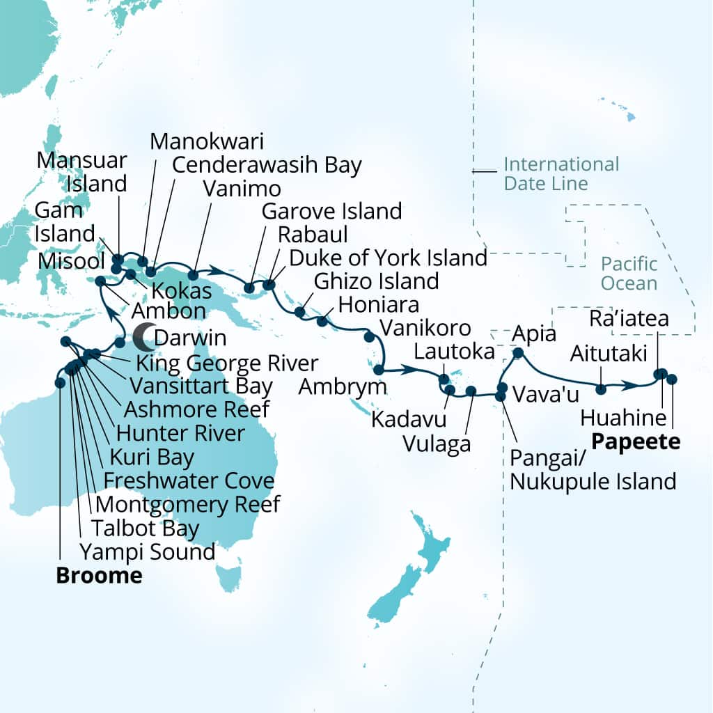 Carte de l’itinéraire Seabourn Pursuit, Broome, Western Australie, Australie → Papeete, Polynésie française