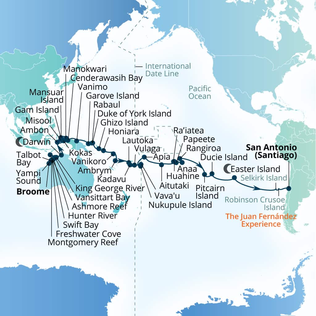 Carte de l’itinéraire Seabourn Pursuit, Broome, Western Australie, Australie → San Antonio (Santiago), Chili