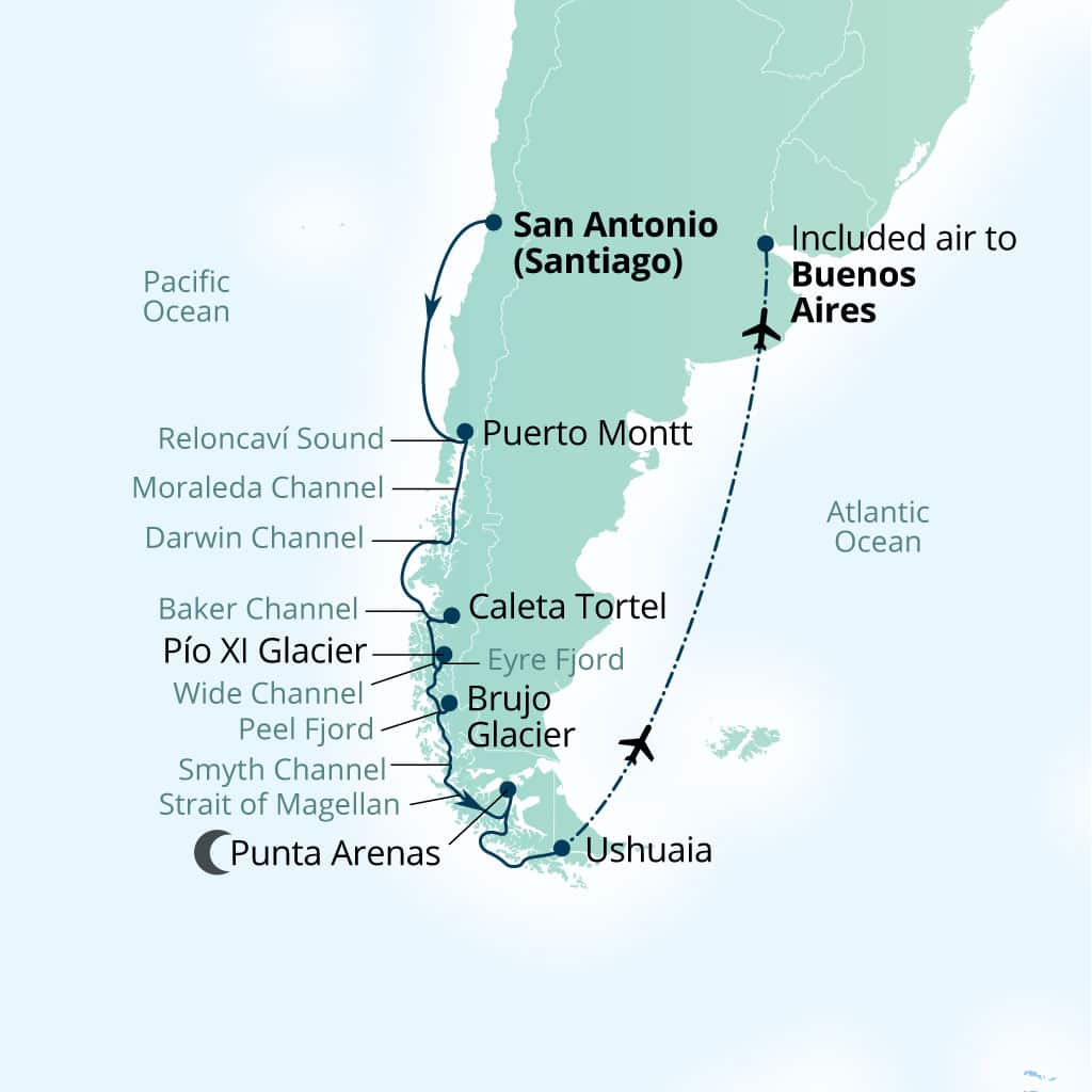 Carte de l’itinéraire Seabourn Pursuit, San Antonio (Santiago), Chili → Buenos Aires