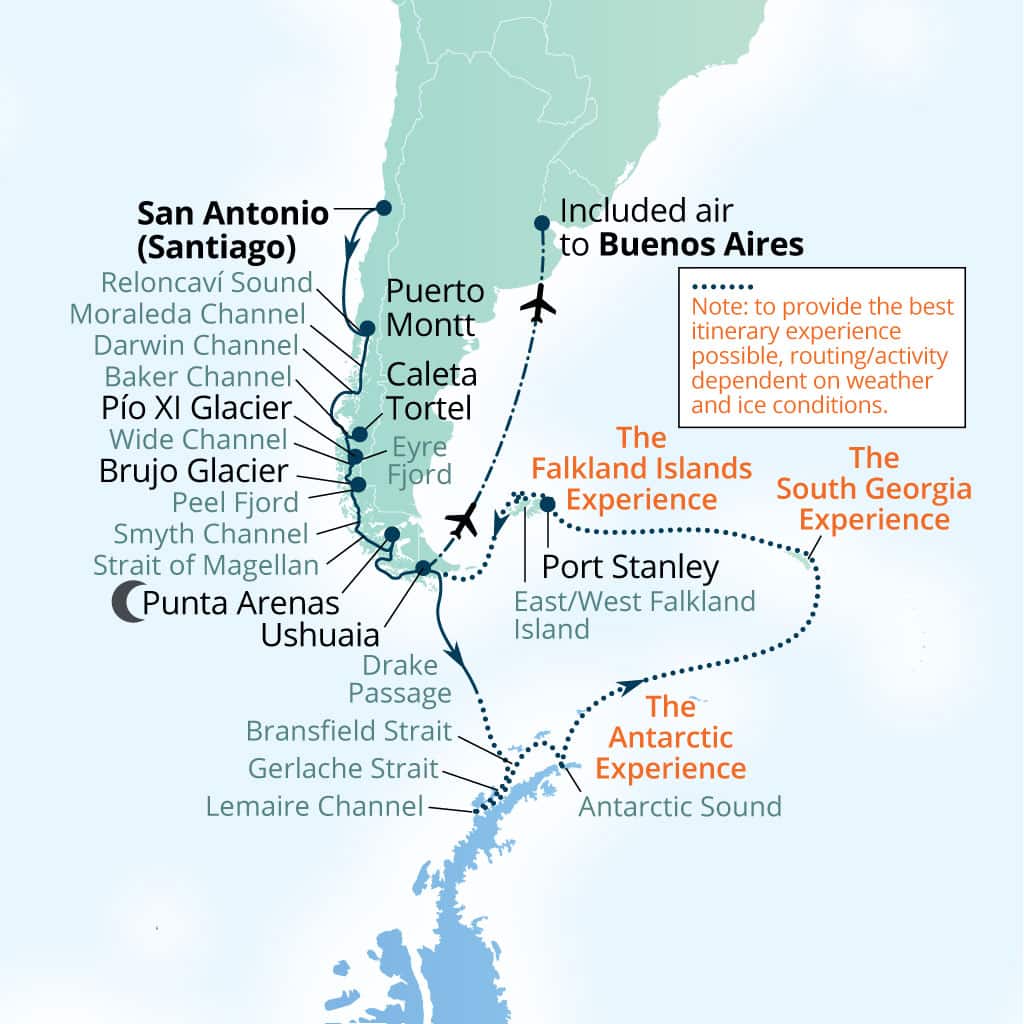 Carte de l’itinéraire Seabourn Pursuit, San Antonio (Santiago), Chili → Buenos Aires