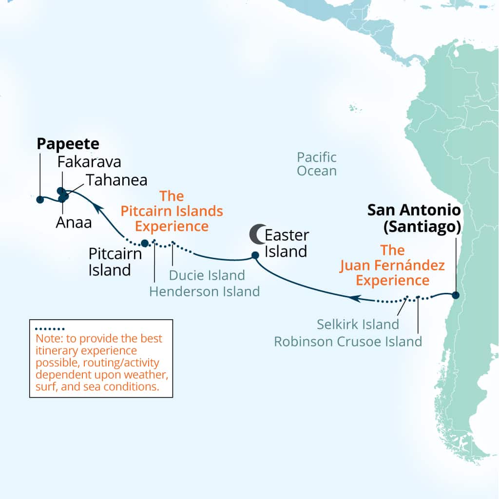 Carte de l’itinéraire Seabourn Pursuit, San Antonio (Santiago), Chili → Papeete, Polynésie française