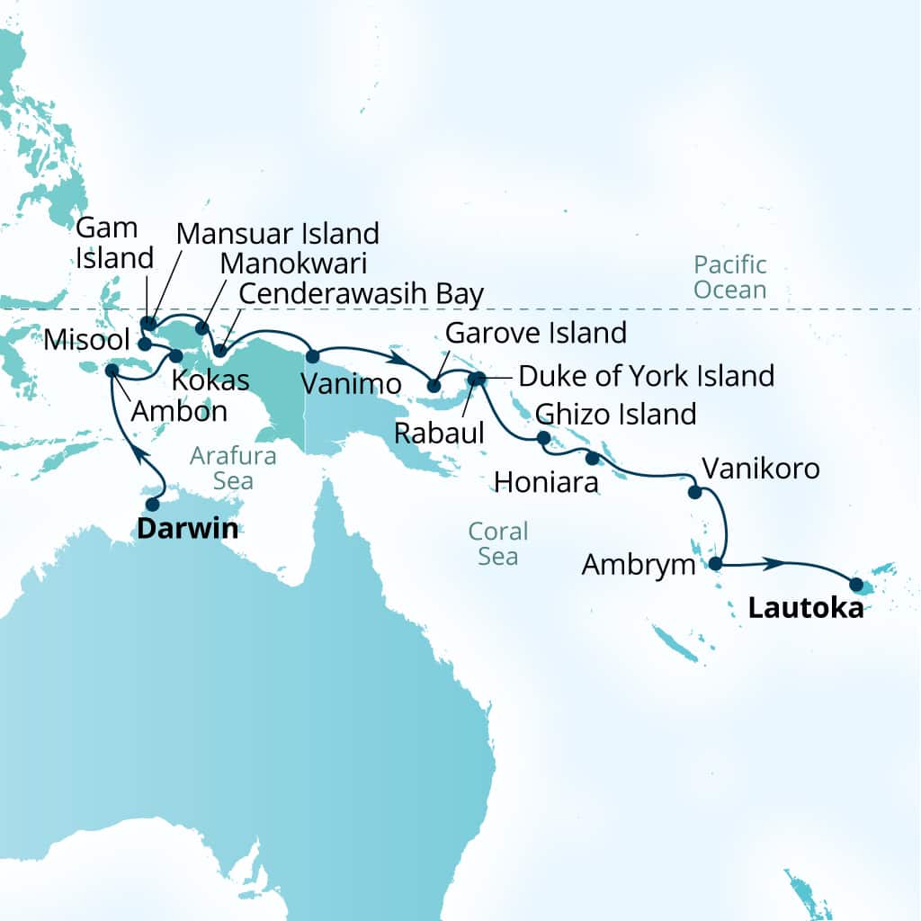 Carte de l’itinéraire Seabourn Pursuit, Darwin, Australie → Lautoka, Fiji