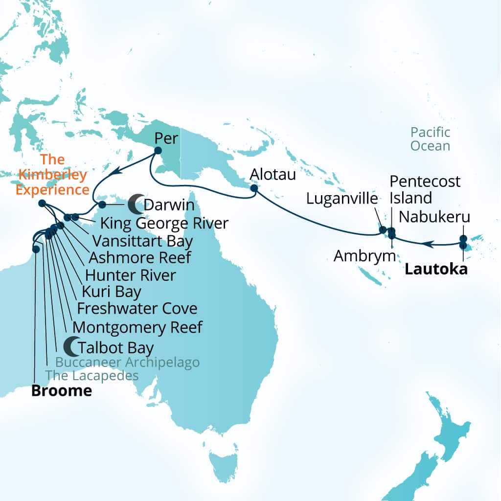 Carte de l’itinéraire Seabourn Pursuit, Lautoka, Fiji → Broome, Western Australie, Australie