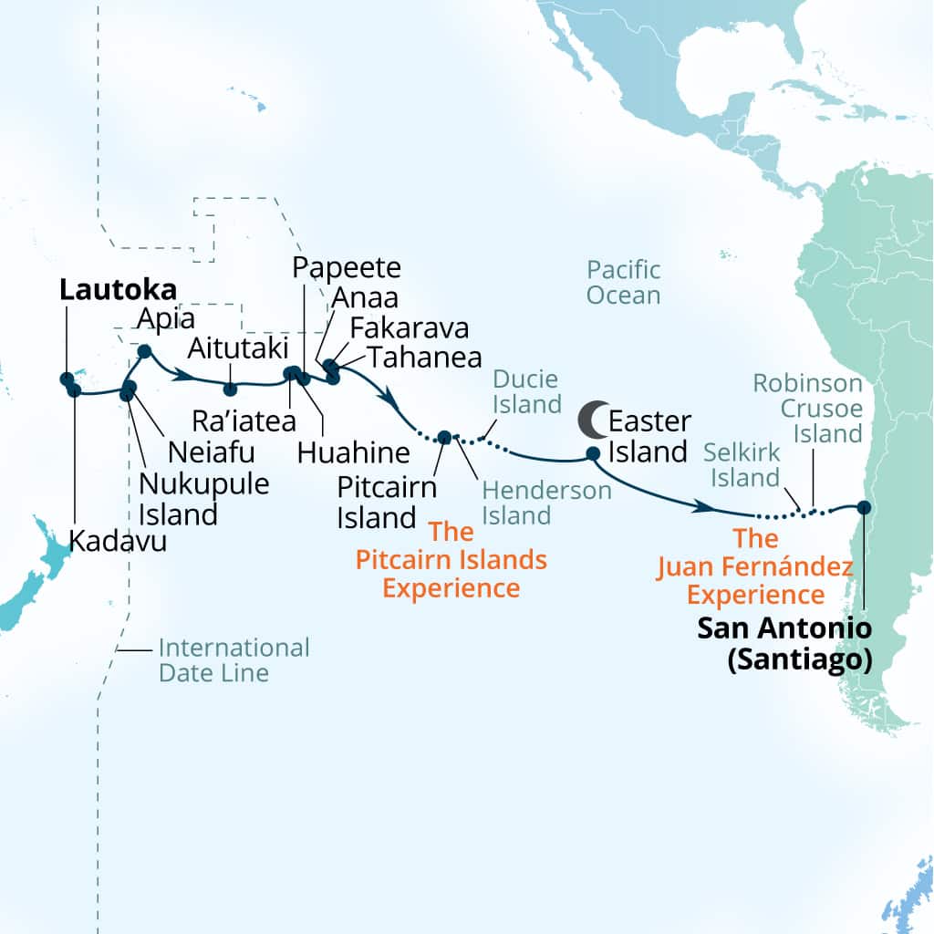 Carte de l’itinéraire Seabourn Pursuit, Lautoka, Fiji → San Antonio (Santiago), Chili