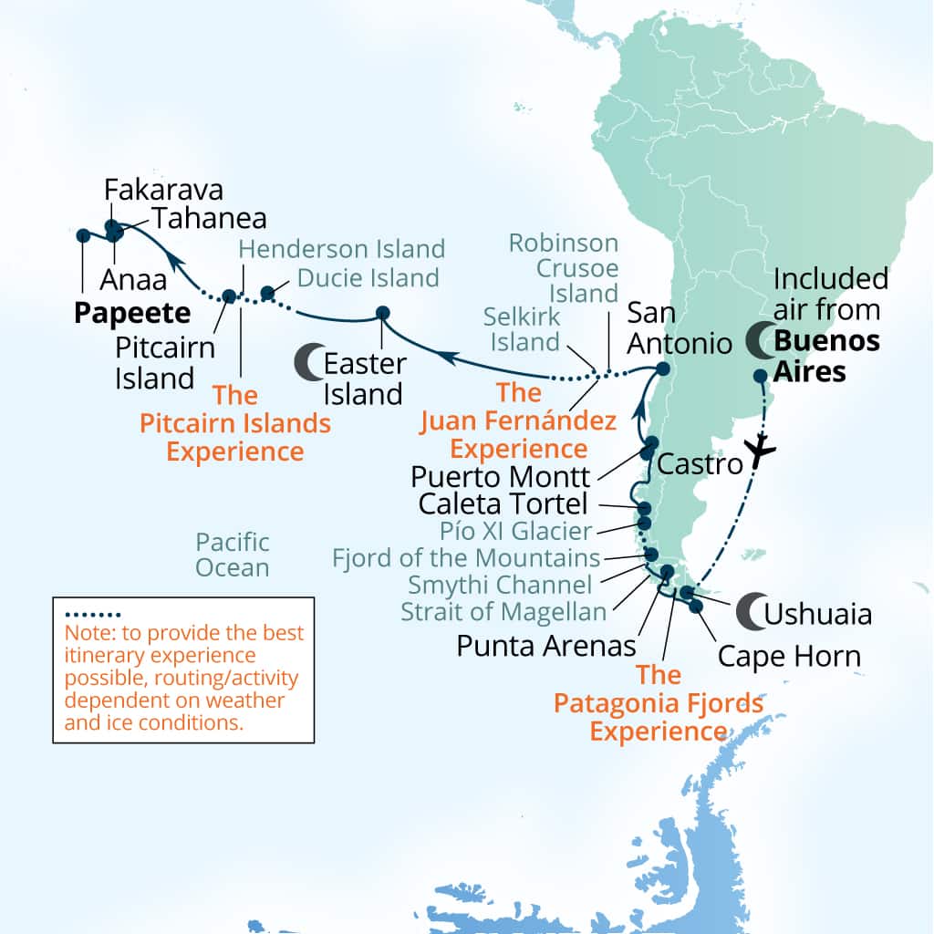 Carte de l’itinéraire Seabourn Pursuit, Buenos Aires → Papeete, Polynésie française