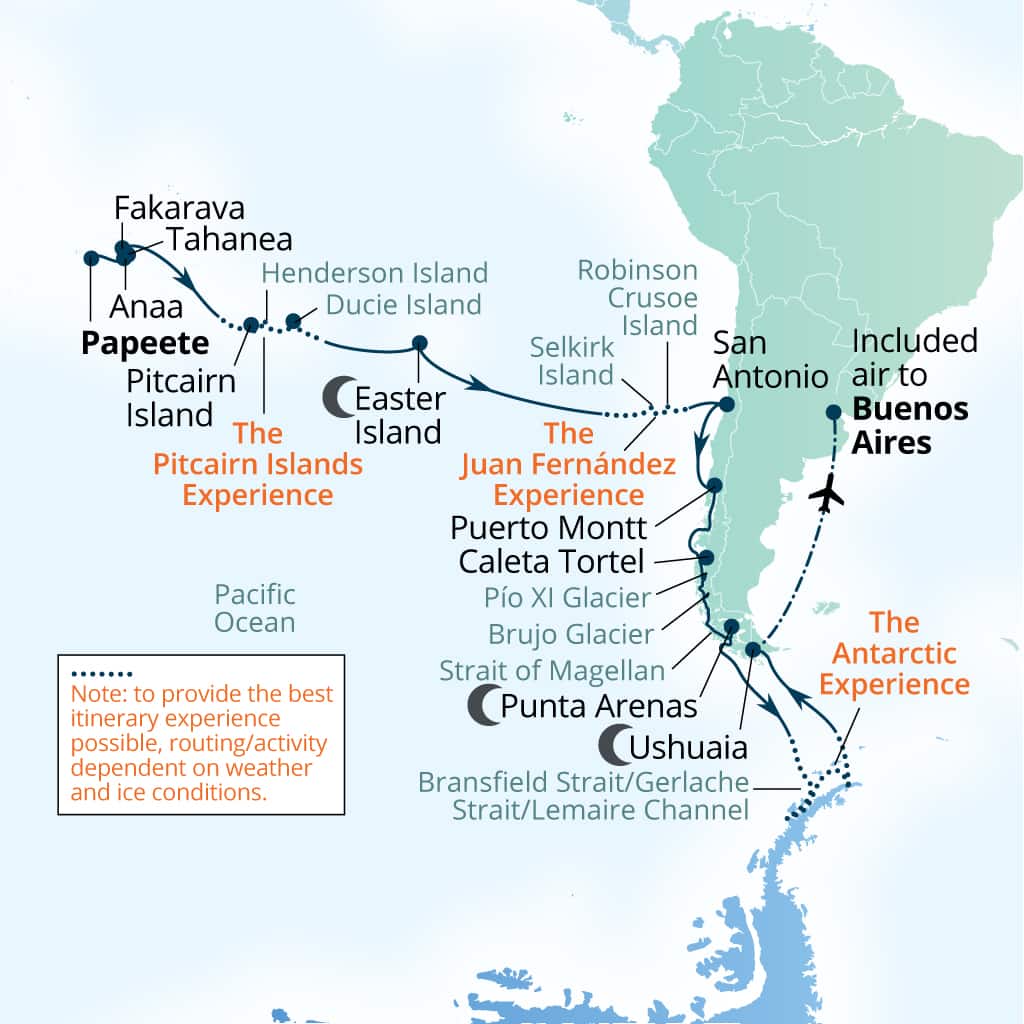 Carte de l’itinéraire Seabourn Pursuit, Papeete, Polynésie française → Buenos Aires