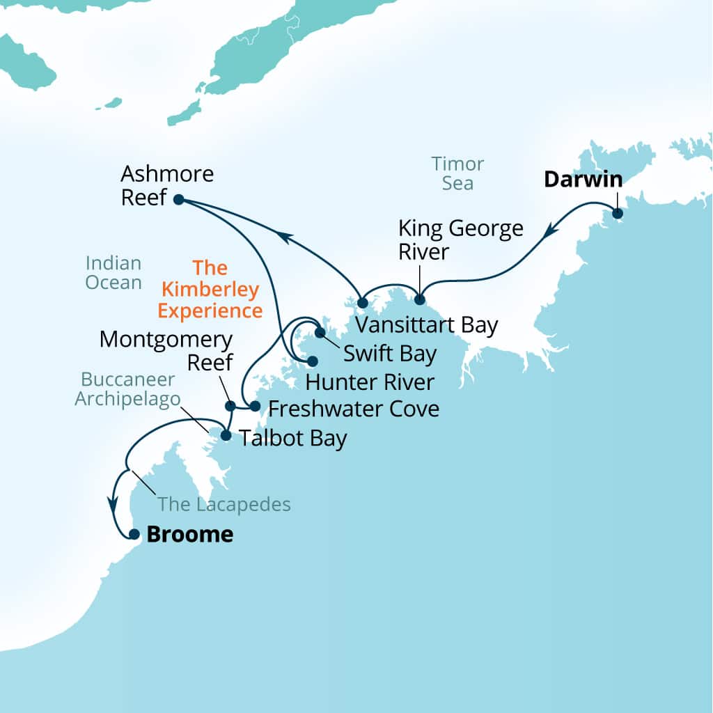 Carte de l’itinéraire Seabourn Pursuit, Darwin, Australie → Broome, Western Australie, Australie