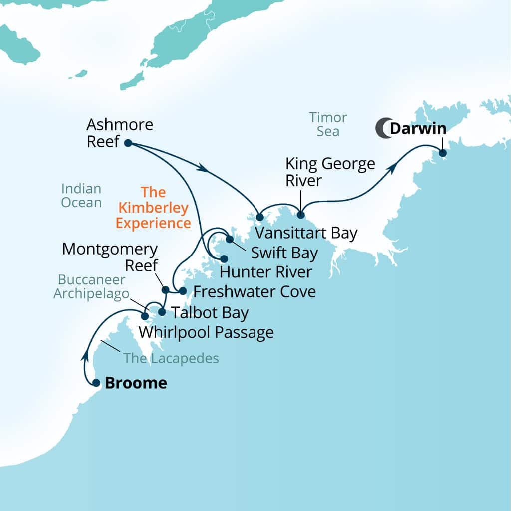 Carte de l’itinéraire Seabourn Pursuit, Broome, Western Australie, Australie → Darwin, Australie
