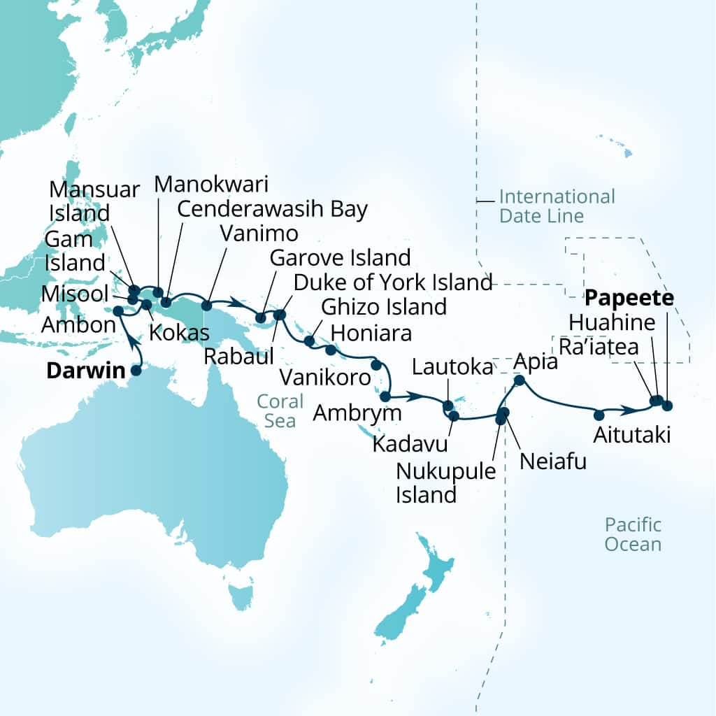 Carte de l’itinéraire Seabourn Pursuit, Darwin, Australie → Papeete, Polynésie française