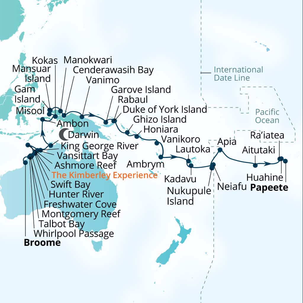 Carte de l’itinéraire Seabourn Pursuit, Broome, Western Australie, Australie → Papeete, Polynésie française