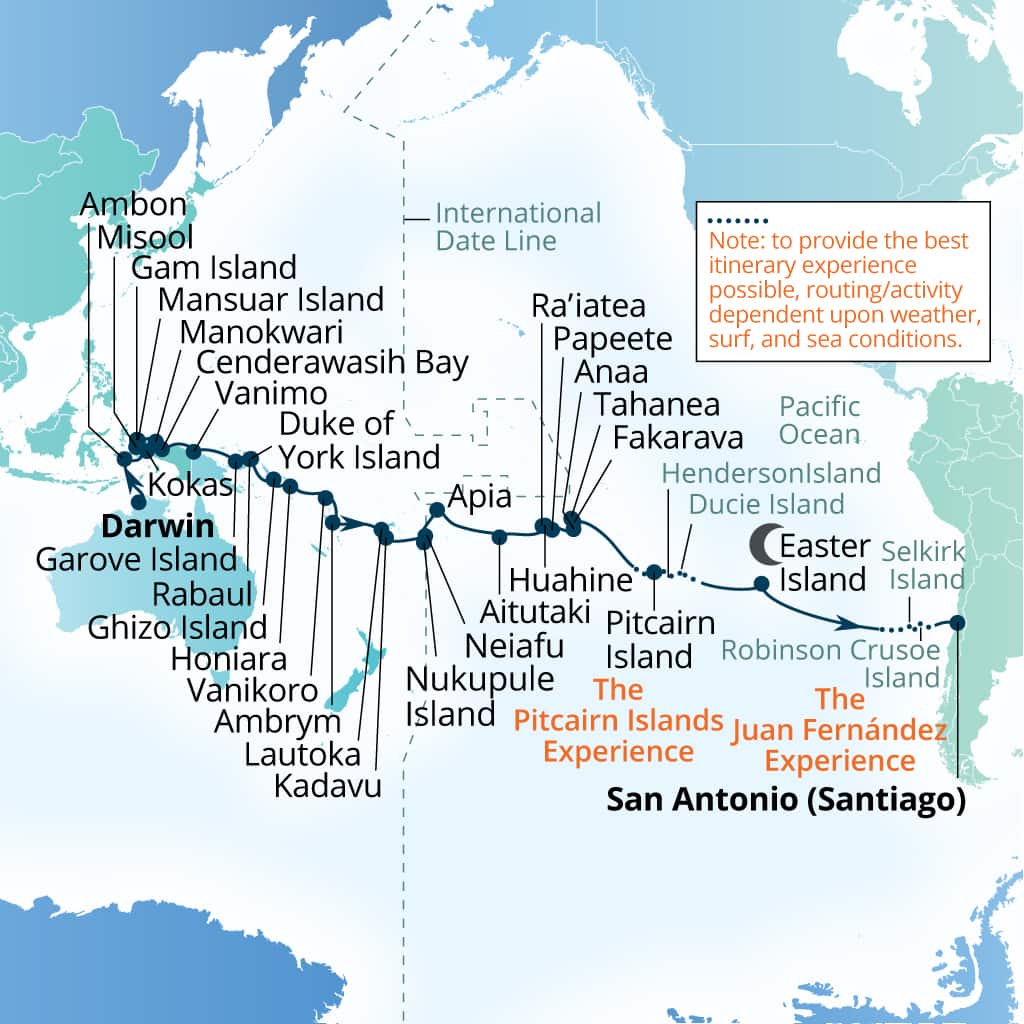 Carte de l’itinéraire Seabourn Pursuit, Darwin, Australie → San Antonio (Santiago), Chili