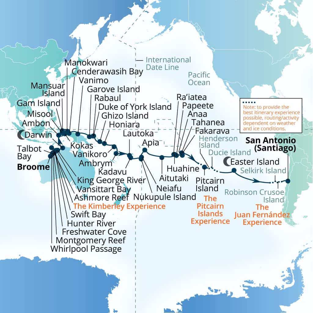 Carte de l’itinéraire Seabourn Pursuit, Broome, Western Australie, Australie → San Antonio (Santiago), Chili