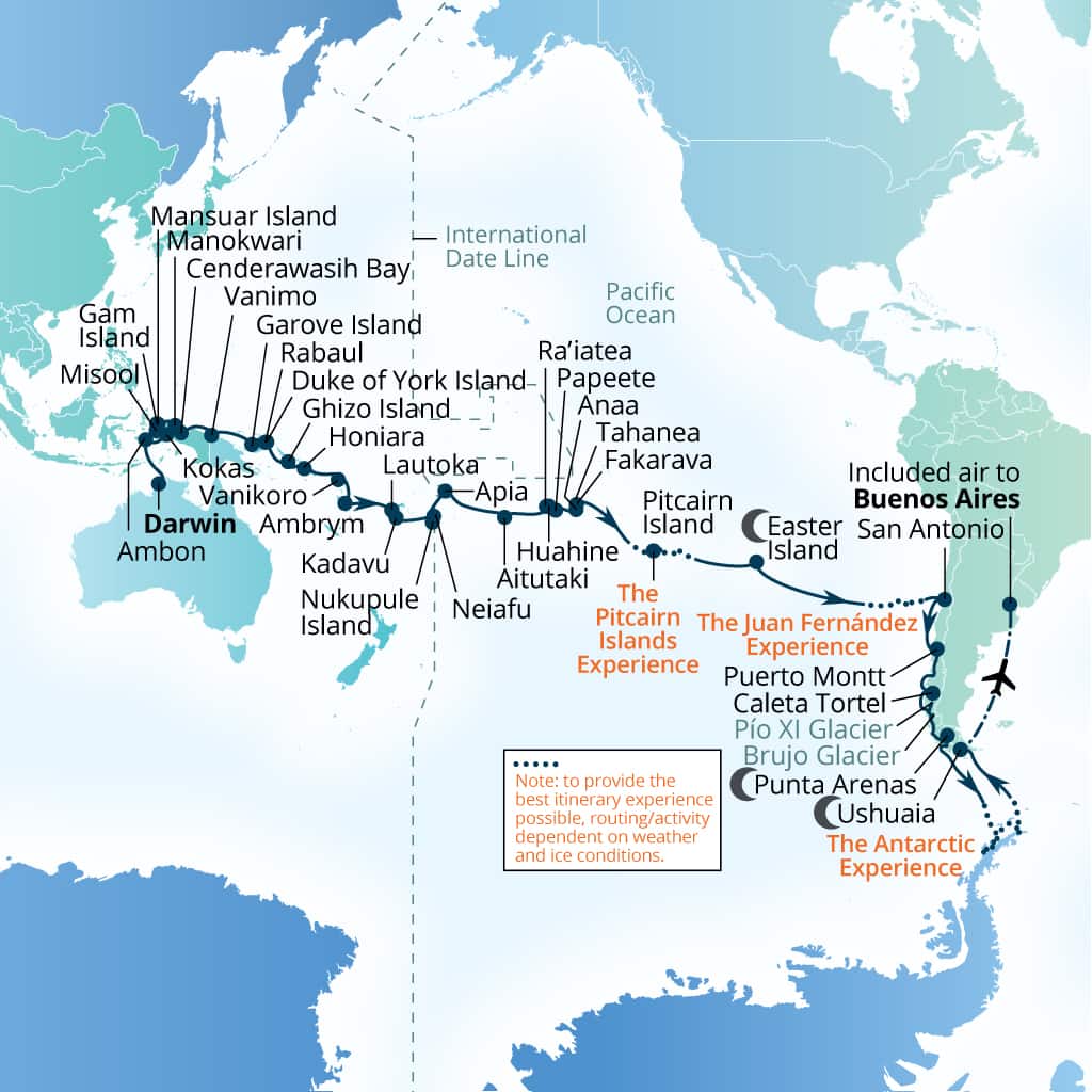 Carte de l’itinéraire Seabourn Pursuit, Darwin, Australie → Buenos Aires