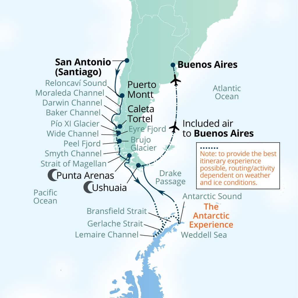 Carte de l’itinéraire Seabourn Pursuit, San Antonio (Santiago), Chili → Buenos Aires