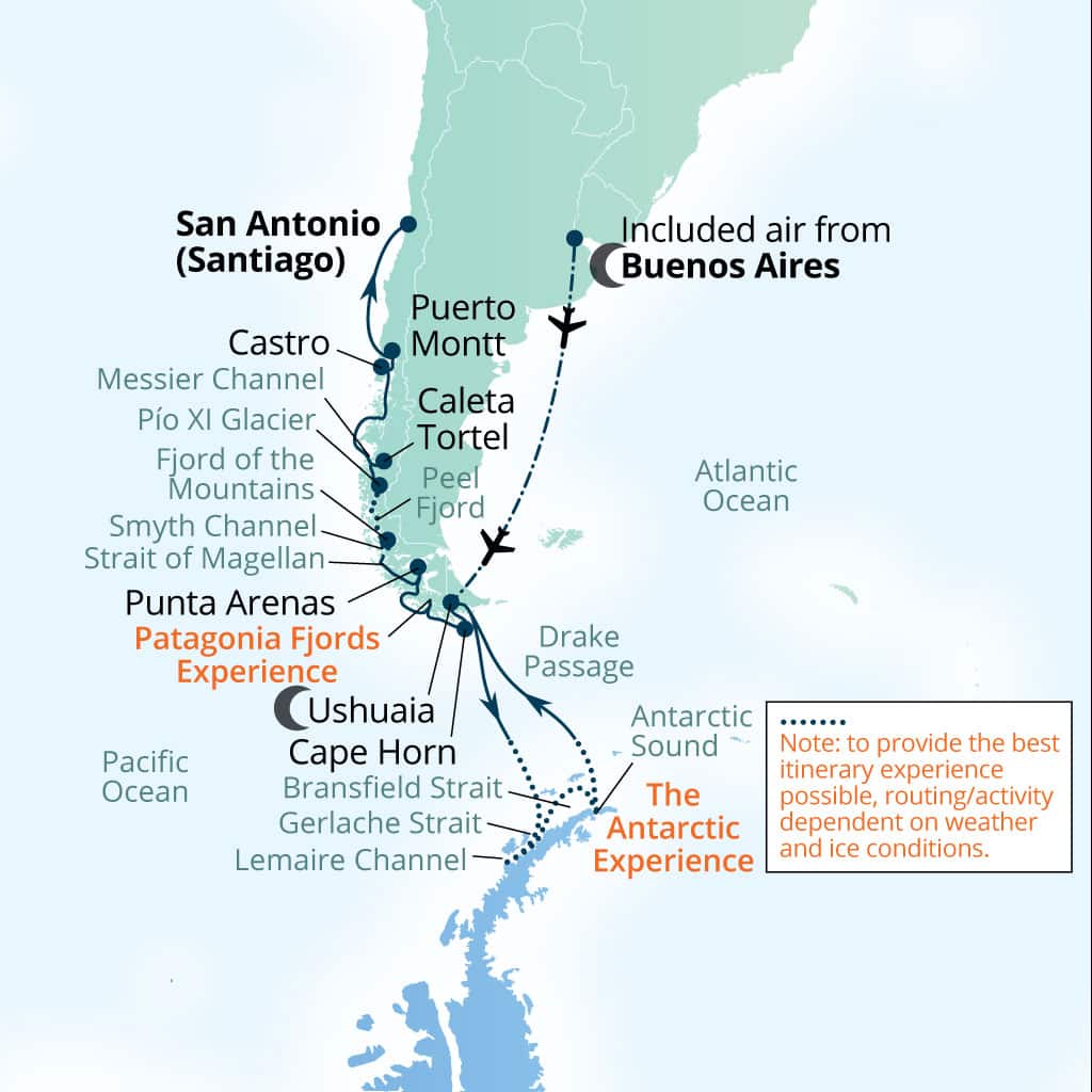 Carte de l’itinéraire Seabourn Pursuit, Buenos Aires → San Antonio (Santiago), Chili