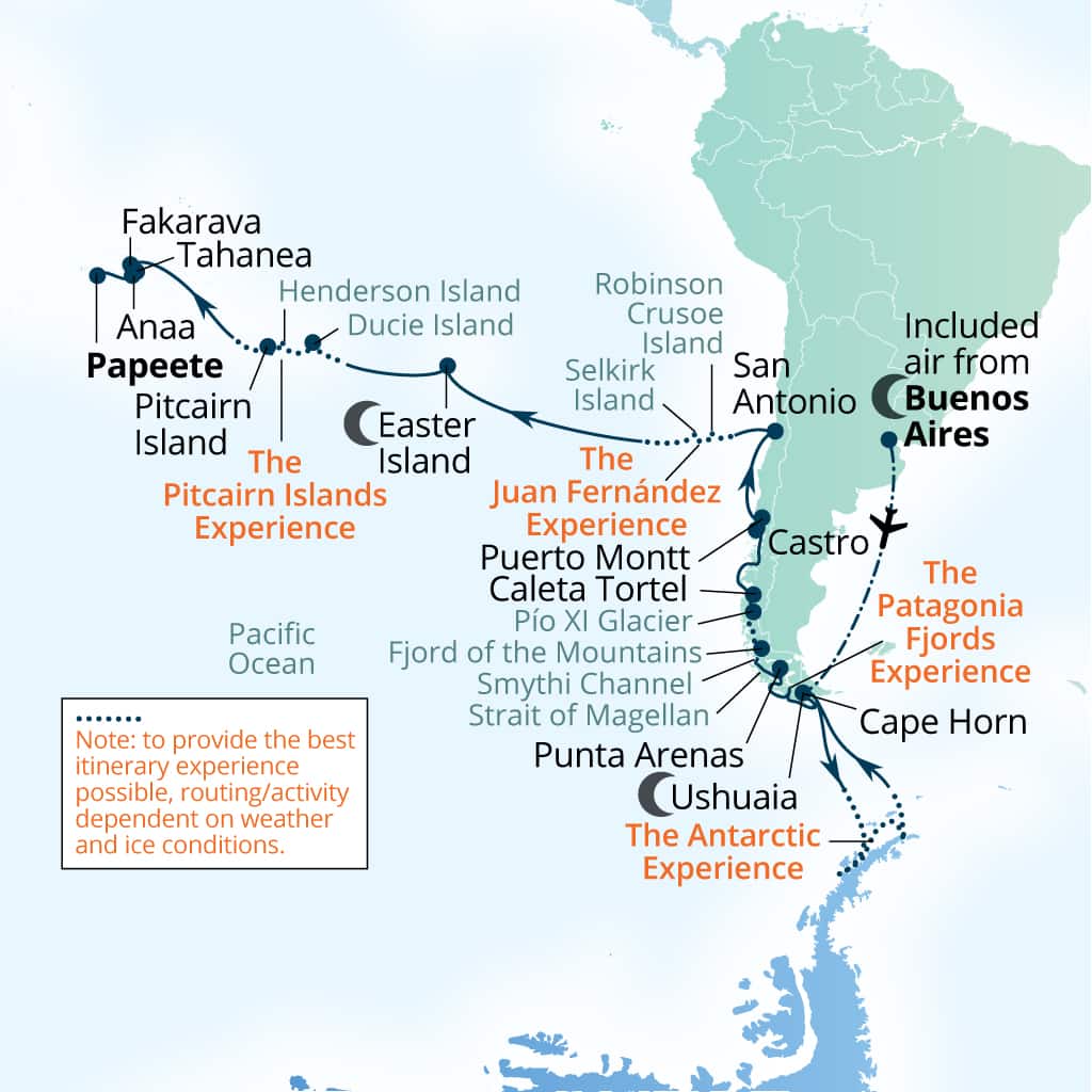Carte de l’itinéraire Seabourn Pursuit, Buenos Aires → Papeete, Polynésie française