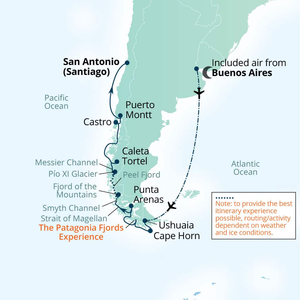 Carte de l’itinéraire Seabourn Pursuit, Buenos Aires → San Antonio (Santiago), Chili