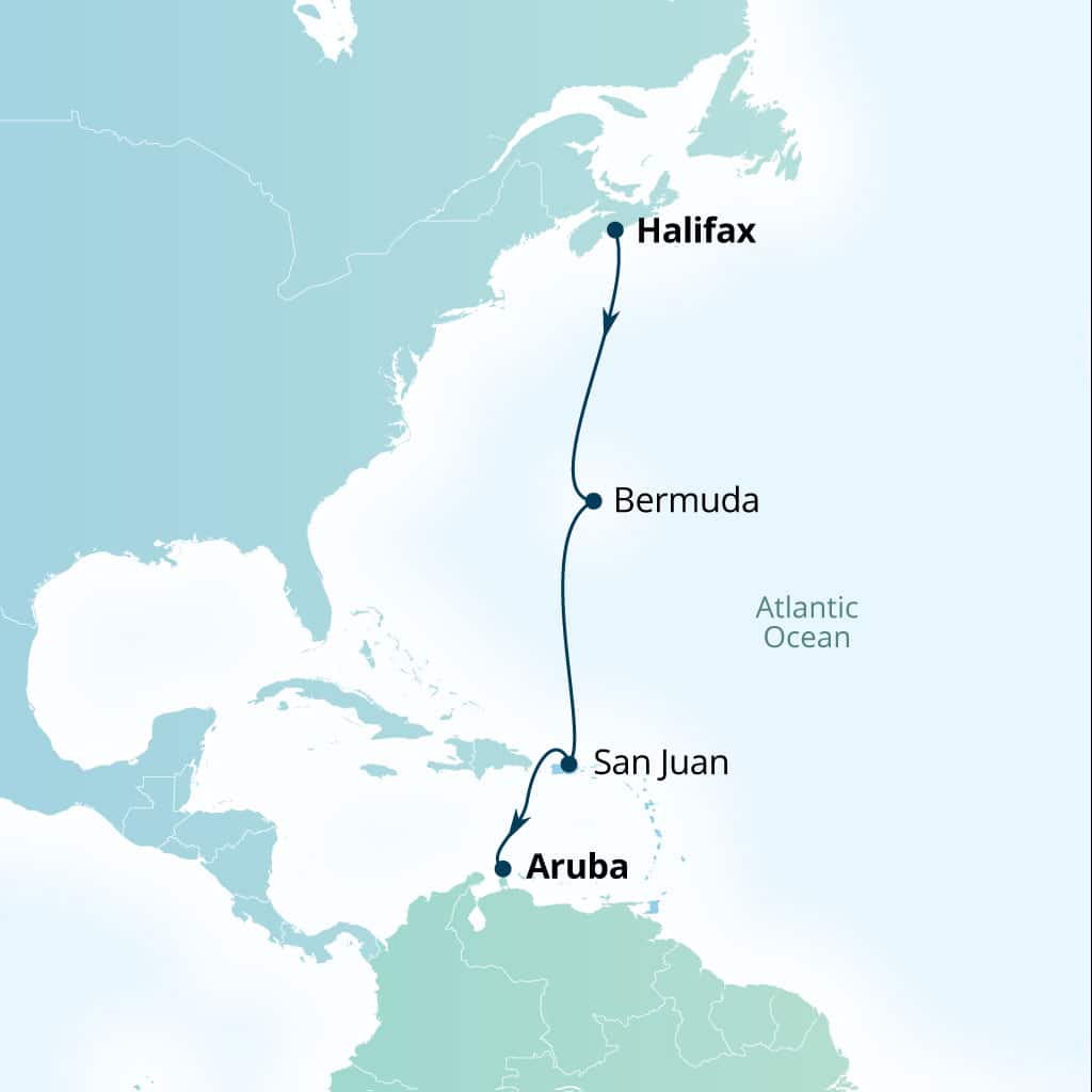 Carte de l’itinéraire Seabourn Pursuit, Halifax, Nova Scotia, Canada → Oranjestad, Aruba