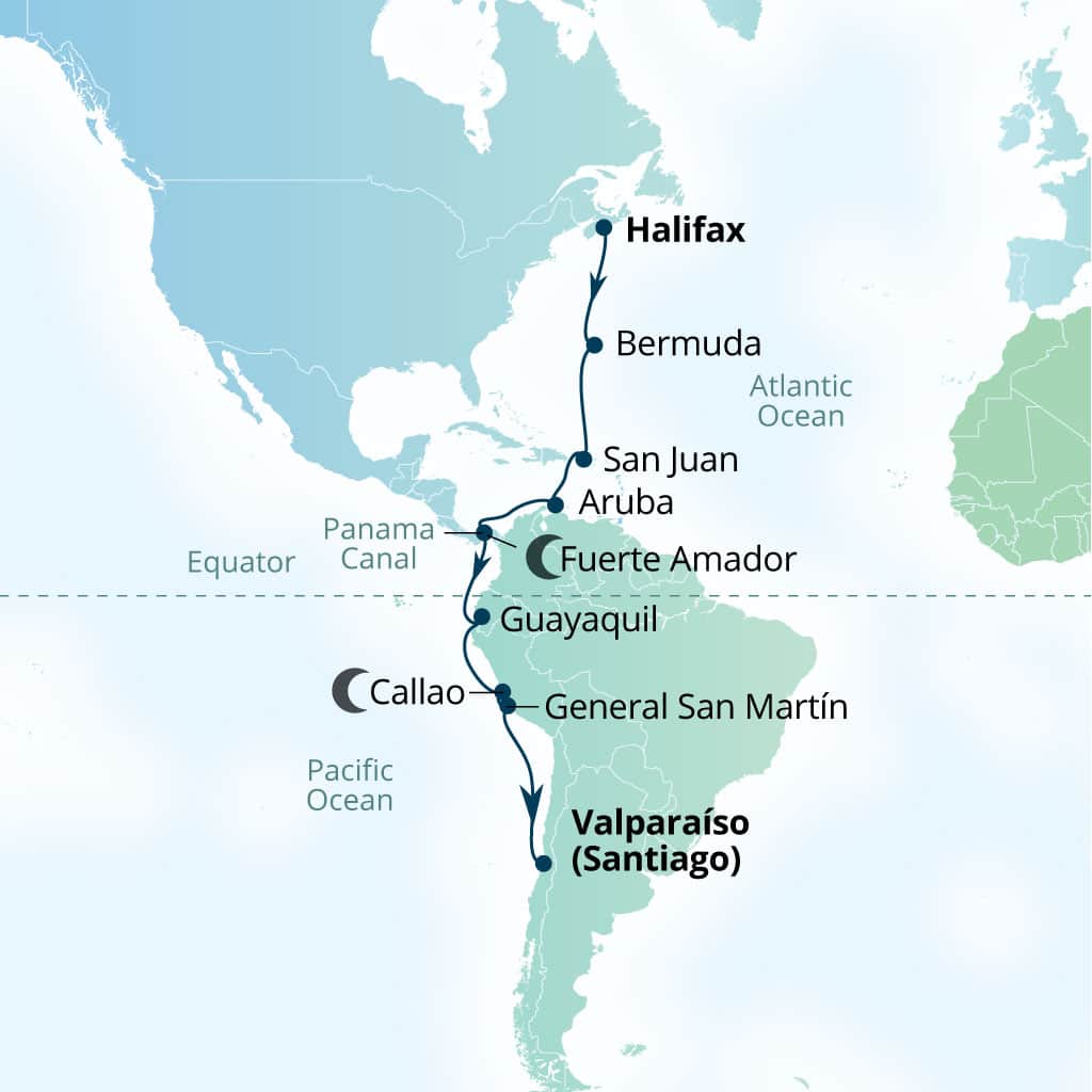 Carte de l’itinéraire Seabourn Pursuit, Halifax, Nova Scotia, Canada → Valparaiso (Santiago), Chili