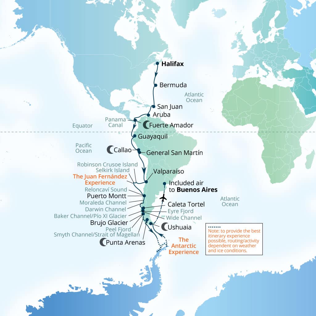Carte de l’itinéraire Seabourn Pursuit, Halifax, Nova Scotia, Canada → Buenos Aires