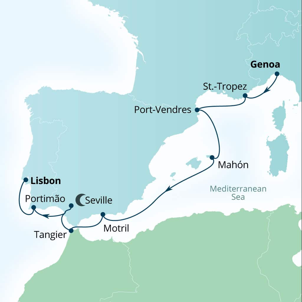 Carte de l’itinéraire Seabourn Pursuit, Gênes, Italie → Lisbonne, Portugal
