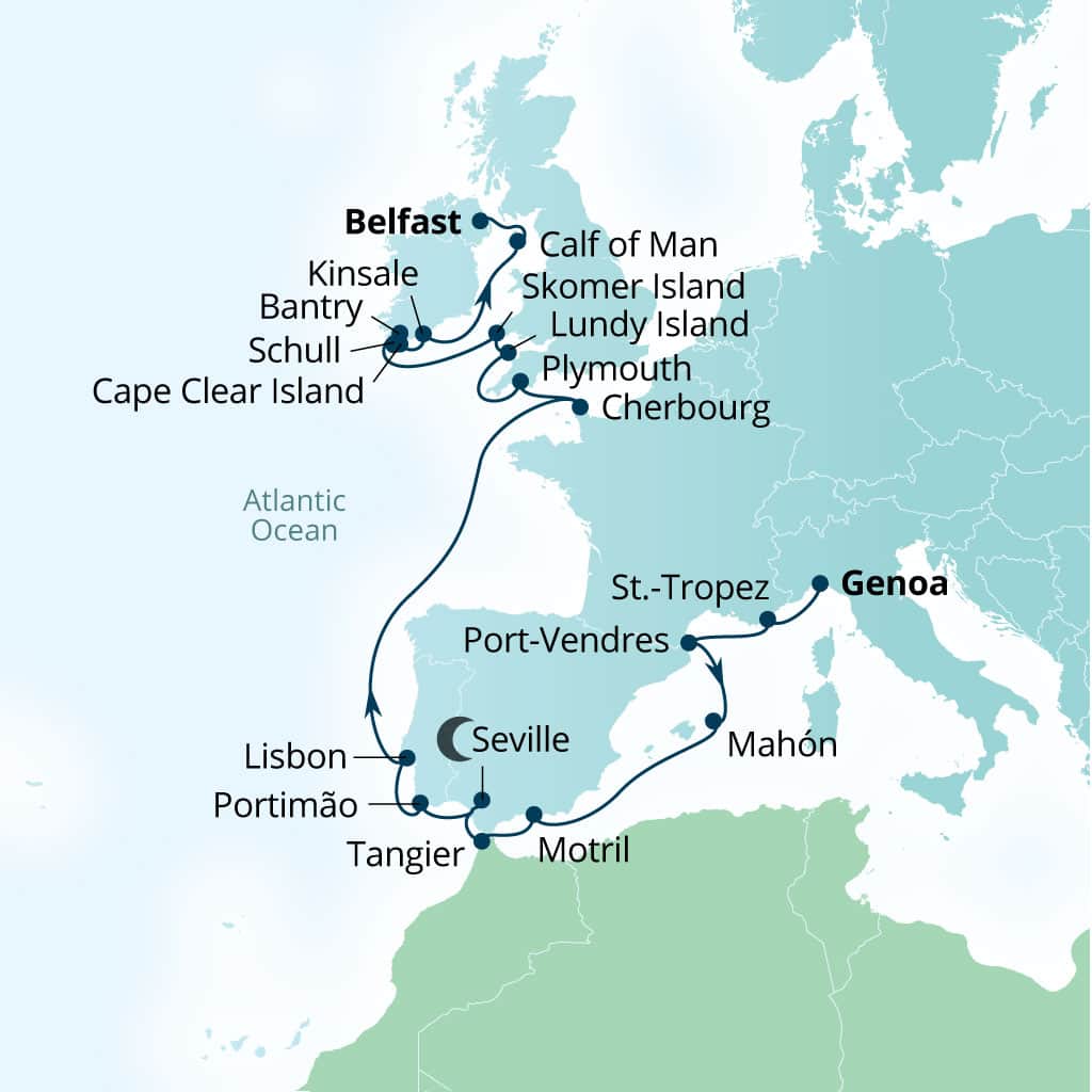 Carte de l’itinéraire Seabourn Pursuit, Gênes, Italie → Belfast, Northern Irlande, Royaume-Uni