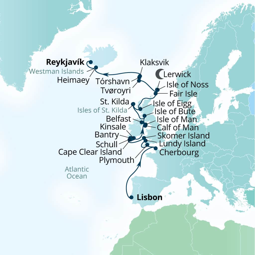 Carte de l’itinéraire Seabourn Pursuit, Gênes, Italie → Reykjavík, Islande