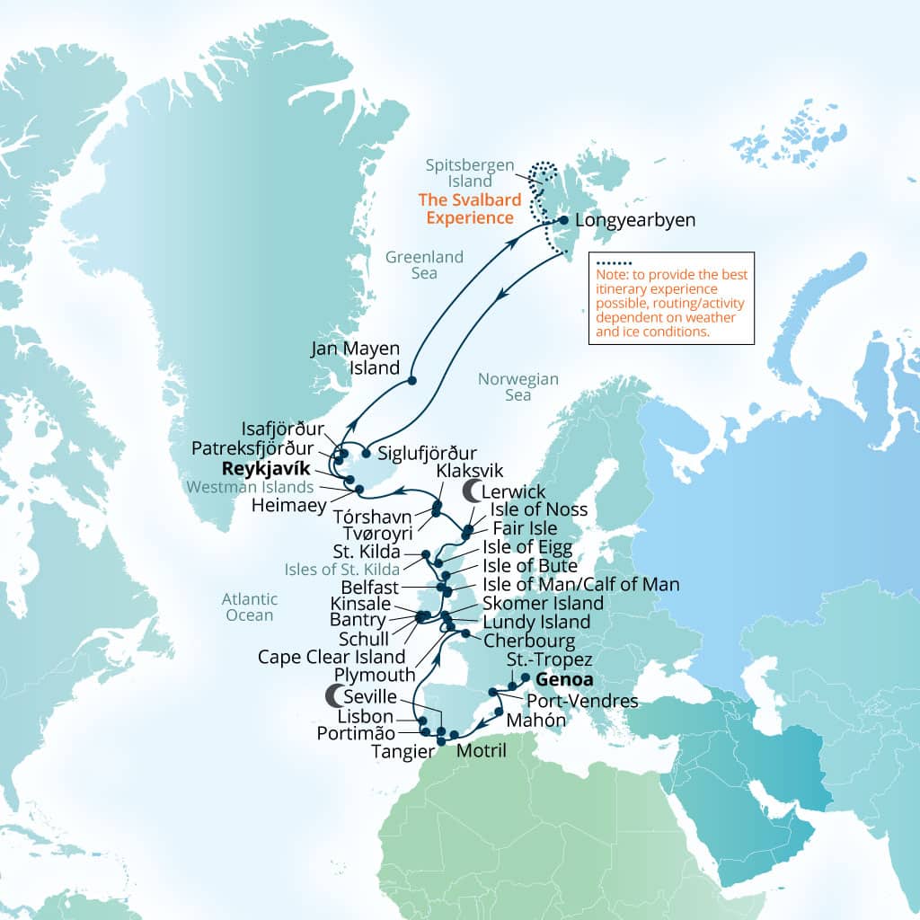 Carte de l’itinéraire Seabourn Pursuit, Gênes, Italie → Reykjavík, Islande