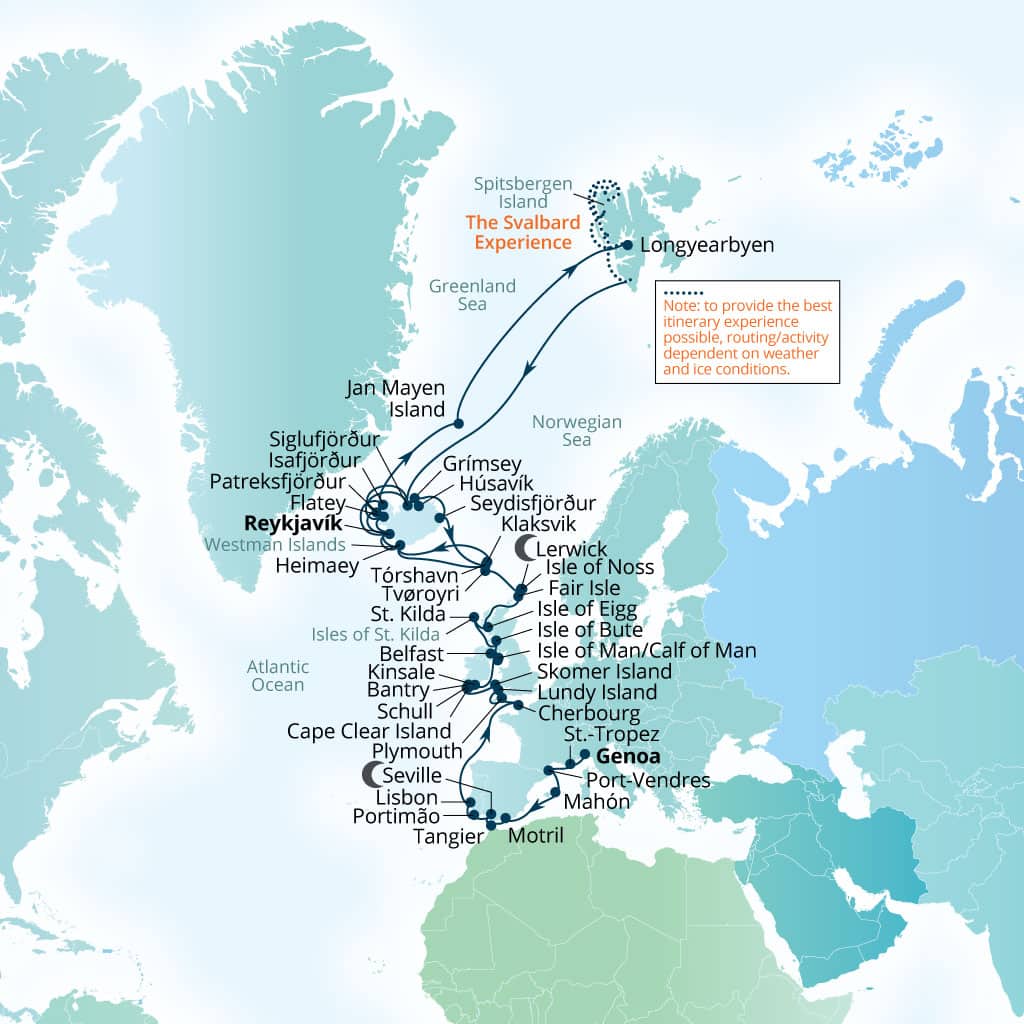 Carte de l’itinéraire Seabourn Pursuit, Gênes, Italie → Reykjavík, Islande