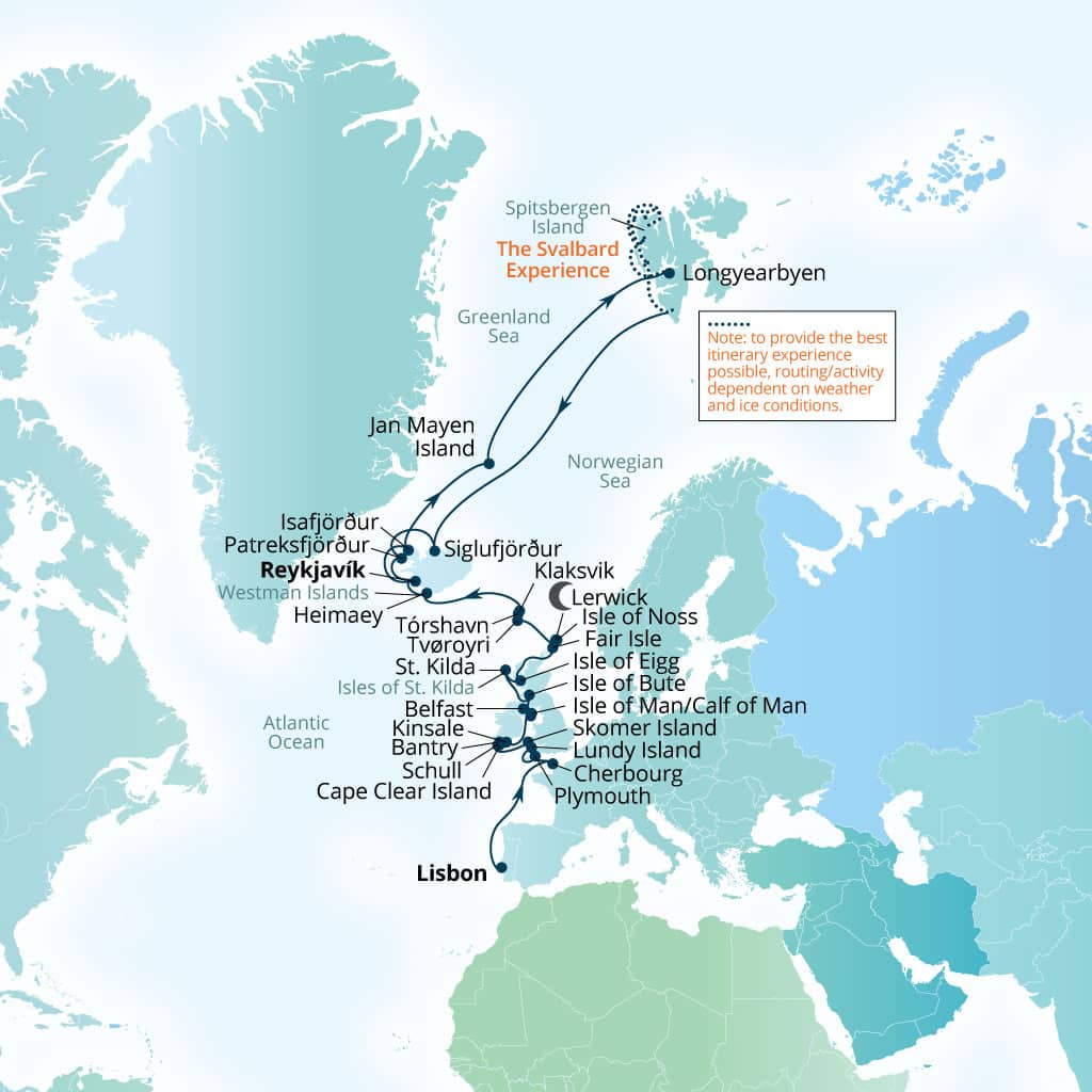 Carte de l’itinéraire Seabourn Pursuit, Lisbonne, Portugal → Reykjavík, Islande