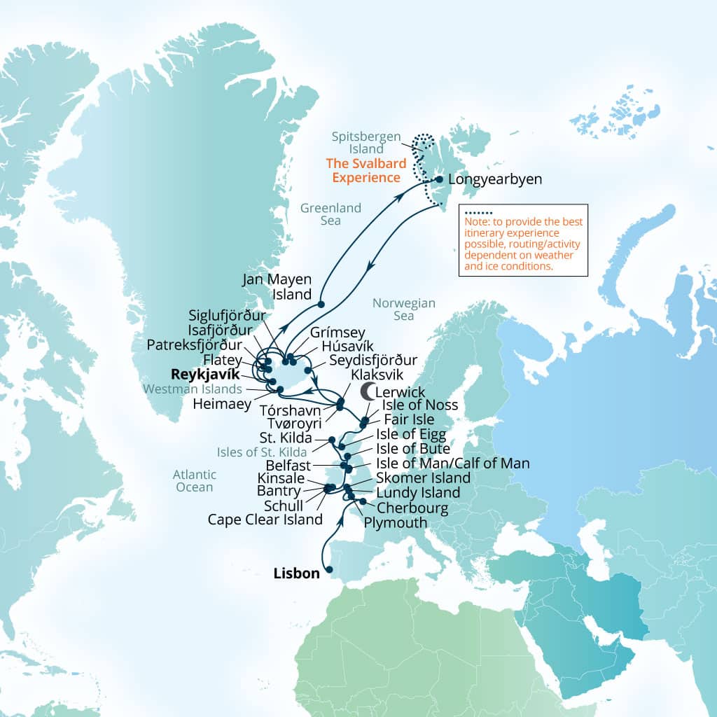 Carte de l’itinéraire Seabourn Pursuit, Lisbonne, Portugal → Reykjavík, Islande