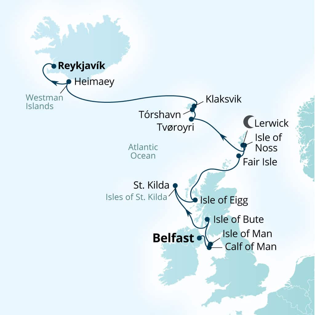 Carte de l’itinéraire Seabourn Pursuit, Belfast, Northern Irlande, Royaume-Uni → Reykjavík, Islande