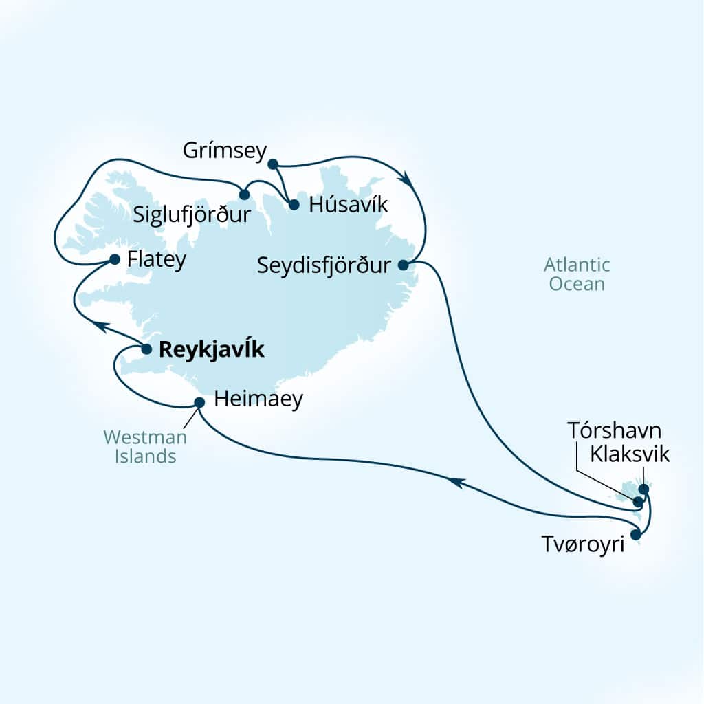 Carte de l’itinéraire Seabourn Pursuit, Reykjavík, Islande → Reykjavík, Islande