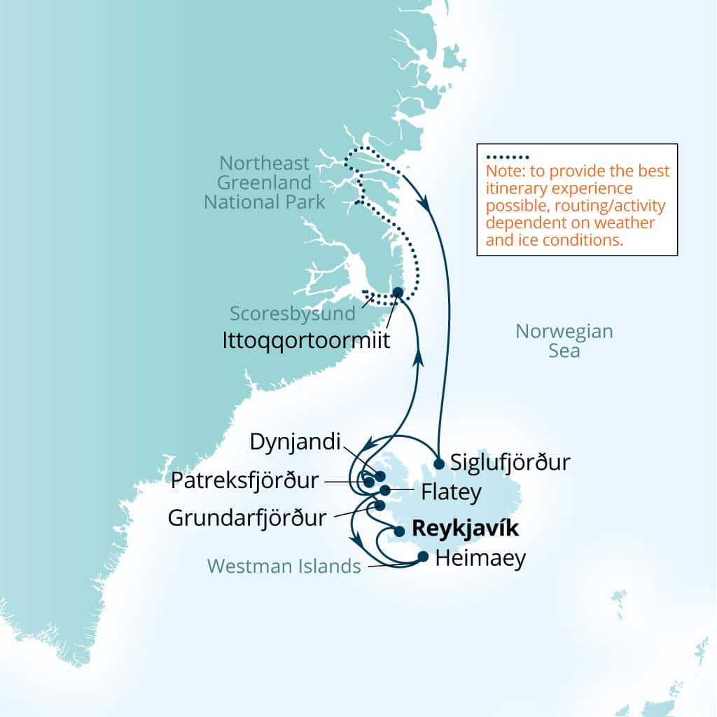 Carte de l’itinéraire Seabourn Pursuit, Reykjavík, Islande → Reykjavík, Islande