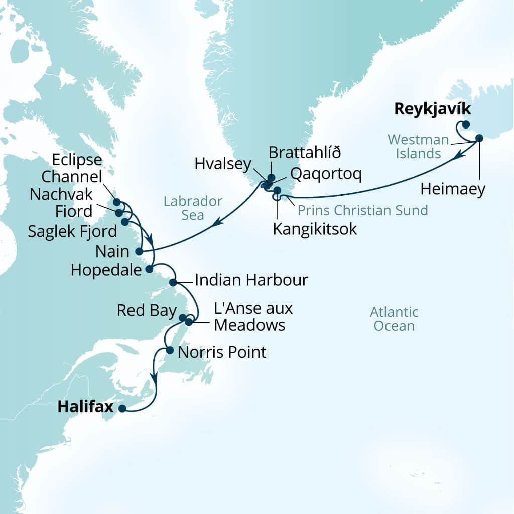 Carte de l’itinéraire Seabourn Pursuit, Reykjavík, Islande → Halifax, Nova Scotia, Canada
