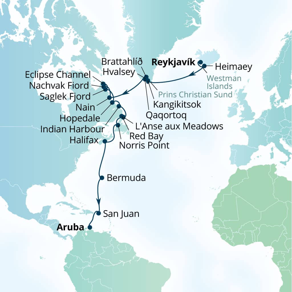 Carte de l’itinéraire Seabourn Pursuit, Reykjavík, Islande → Oranjestad, Aruba