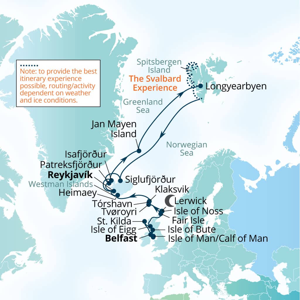Carte de l’itinéraire Seabourn Pursuit, Belfast, Northern Irlande, Royaume-Uni → Reykjavík, Islande