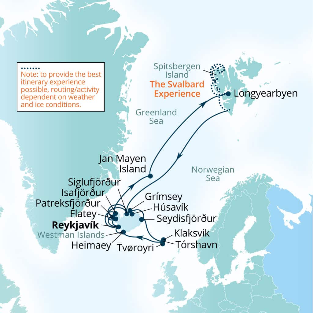 Carte de l’itinéraire Seabourn Pursuit, Reykjavík, Islande → Reykjavík, Islande