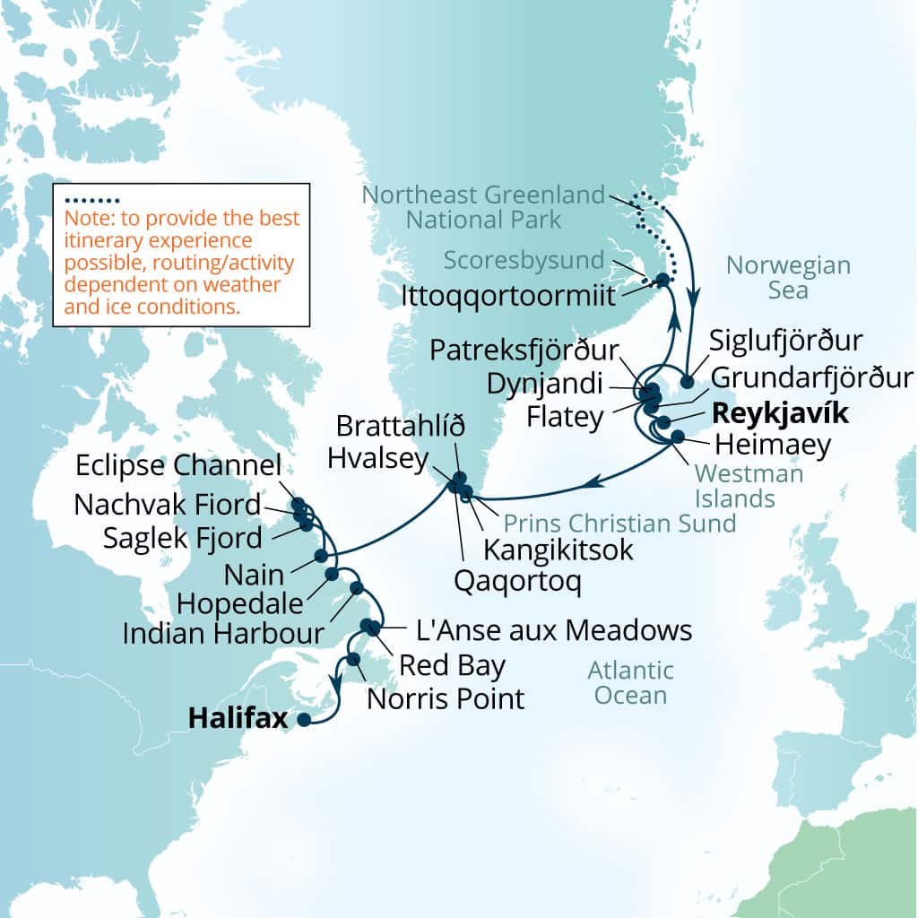 Carte de l’itinéraire Seabourn Pursuit, Reykjavík, Islande → Halifax, Nova Scotia, Canada