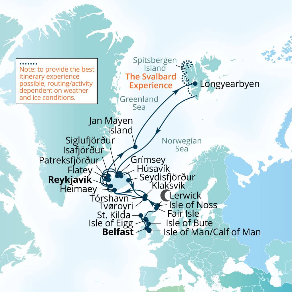 Carte de l’itinéraire Seabourn Pursuit, Belfast, Northern Irlande, Royaume-Uni → Reykjavík, Islande