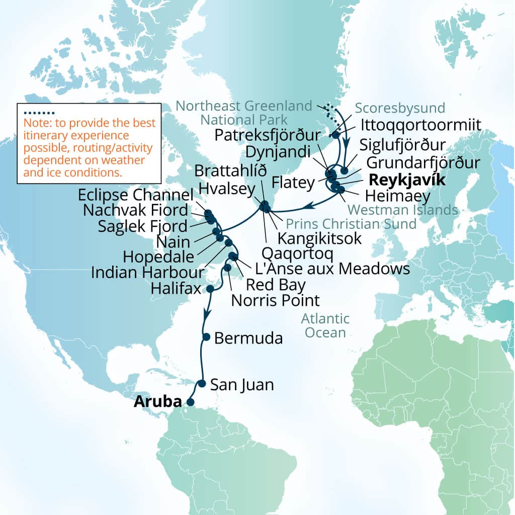 Carte de l’itinéraire Seabourn Pursuit, Reykjavík, Islande → Oranjestad, Aruba
