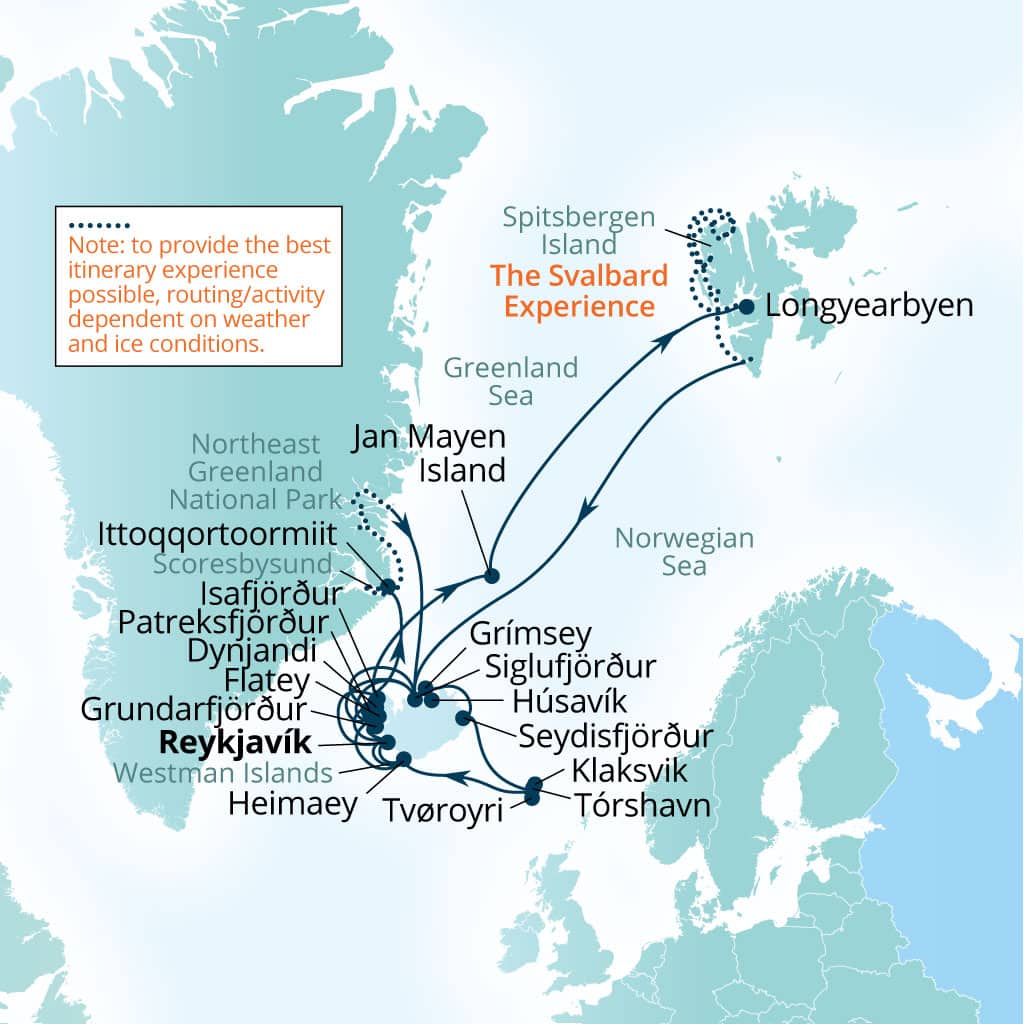 Carte de l’itinéraire Seabourn Pursuit, Reykjavík, Islande → Reykjavík, Islande