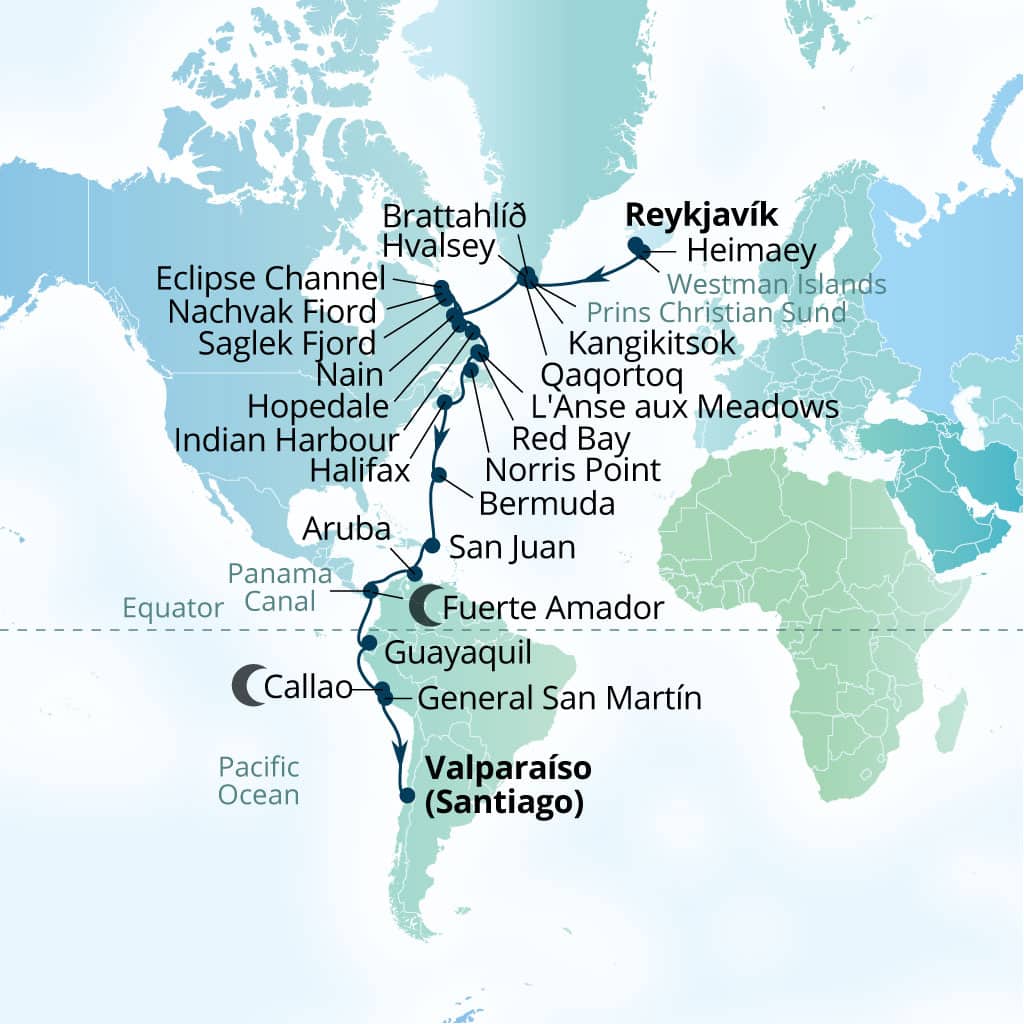 Carte de l’itinéraire Seabourn Pursuit, Reykjavík, Islande → Valparaiso (Santiago), Chili