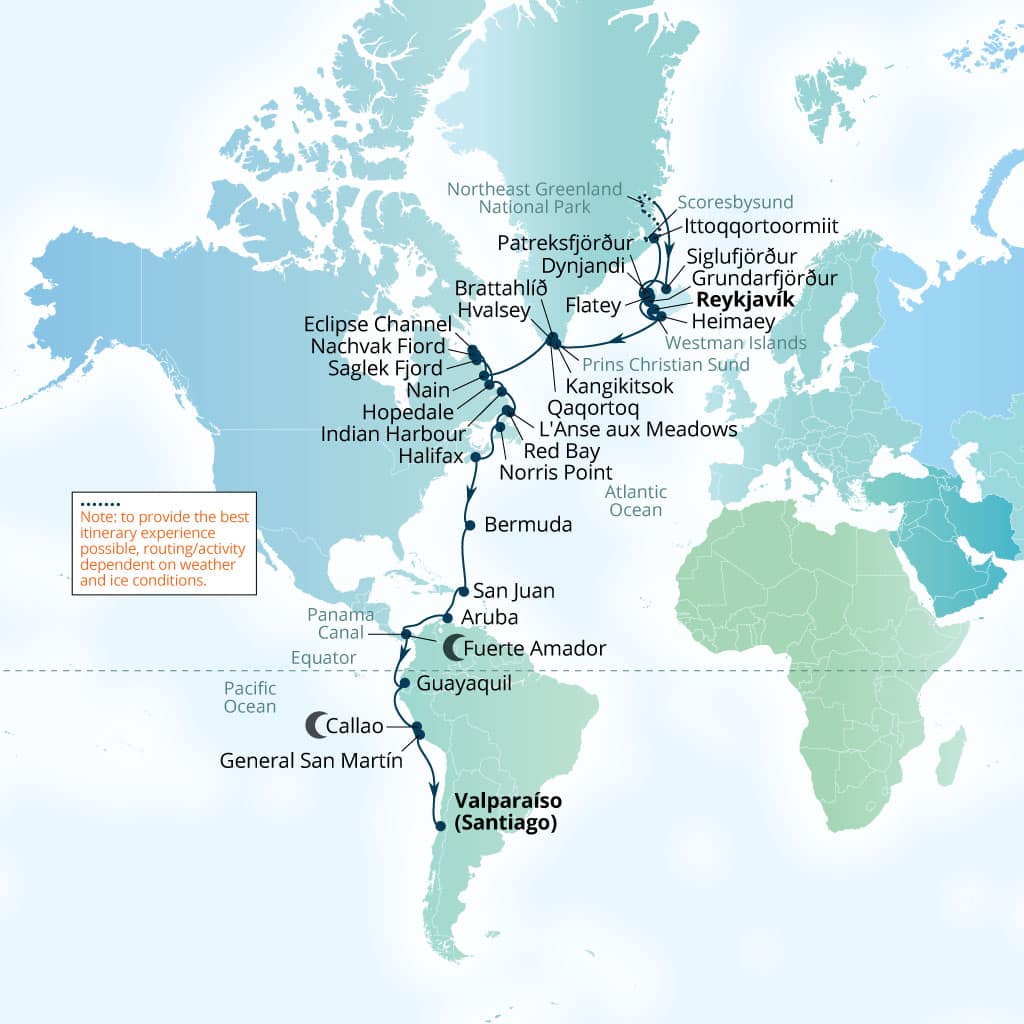 Carte de l’itinéraire Seabourn Pursuit, Reykjavík, Islande → Valparaiso (Santiago), Chili