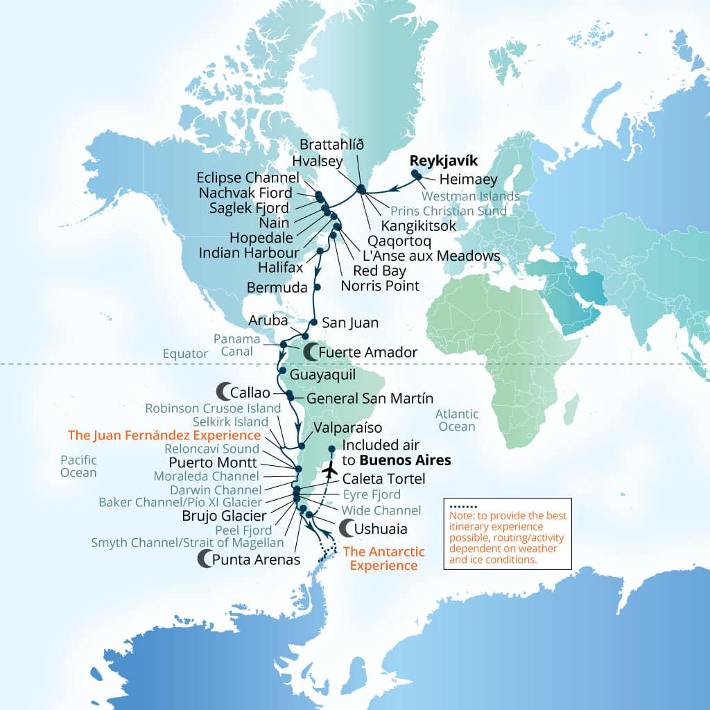 Carte de l’itinéraire Seabourn Pursuit, Reykjavík, Islande → Buenos Aires