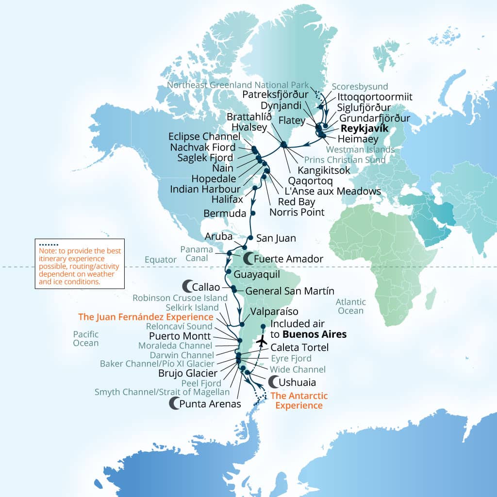 Carte de l’itinéraire Seabourn Pursuit, Reykjavík, Islande → Buenos Aires