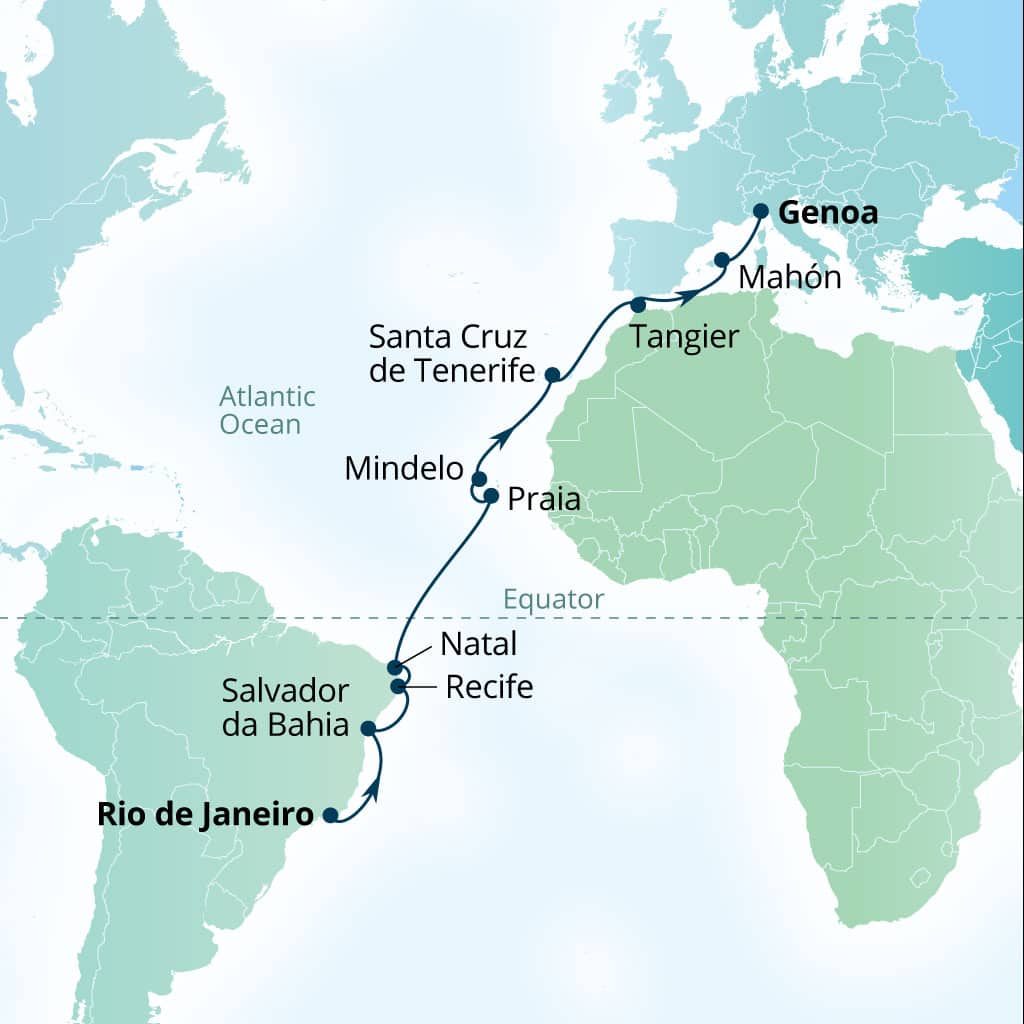 Carte de l’itinéraire Seabourn Pursuit, Rio de Janeiro, Brésil → Gênes, Italie