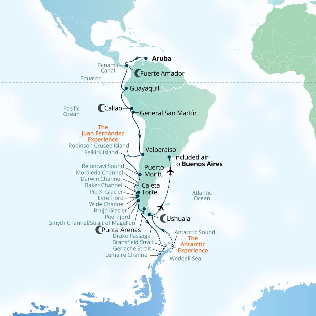 Carte de l’itinéraire Seabourn Pursuit, Oranjestad, Aruba → Buenos Aires