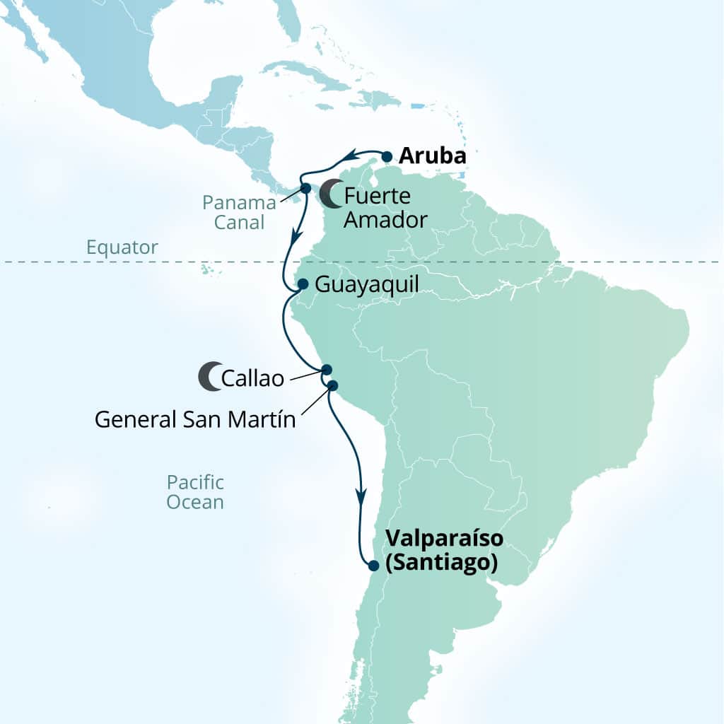 Carte de l’itinéraire Seabourn Pursuit, Oranjestad, Aruba → Valparaiso (Santiago), Chili