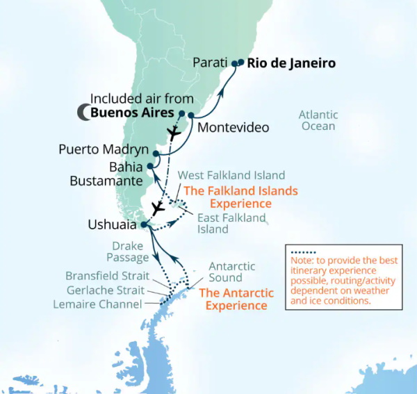 Carte de l’itinéraire Seabourn Venture, Ushuaia, Argentine → Rio de Janeiro, Brésil